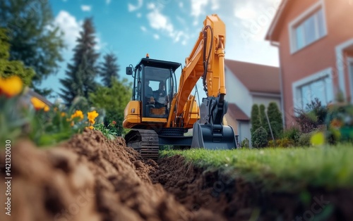 Excavator Digging Trench in Front of a House - Landscaping and Construction Site