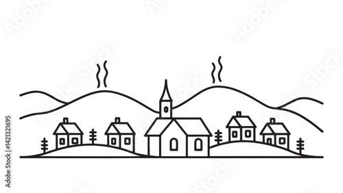 Mountain village featuring a church nestled among the hills in the background line art flat vector illustration