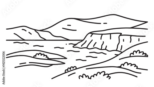 Lush green landscapes of the Faroe Islands, showcasing their natural beauty and serene environment line art flat vector illustration