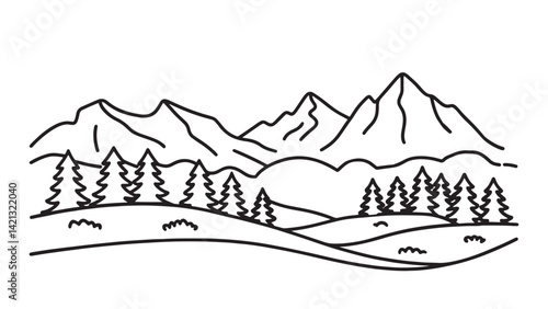 Panoramic landscape of the Swiss Alps featuring towering mountains and vibrant greenery in Switzerland line art flat vector illustration