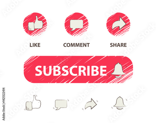 Hand-drawn set of social media interaction icons including thumbs up, bell, comment box, and arrow. Retro pencil brush style, perfect for digital content creators UI design and creative web interfaces