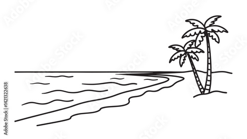 Sandy beach meeting the turquoise ocean, with waves gently lapping at the shore under a clear blue sky line art flat vector illustration