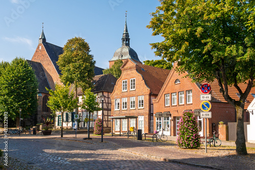 Streetscape with St Nicholas Church and Fehmarn Museum in old town of Burg on Fehmarn Island, Schleswig-Holstein, Germany