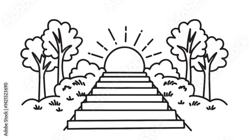 Wooded path with stone steps ascending towards a bright sunlit area, surrounded by trees and greenery line art flat vector illustration