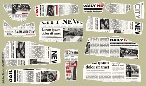 Trendy torn newspaper pieces. Collage halftone elements. Jagged edges. Old paper clipping set. Vintage grunge style concept. Isolated background. Trendy design template. Vector illustration