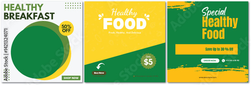 Vibrant Set of Healthy Food Promotion Templates for Social Media