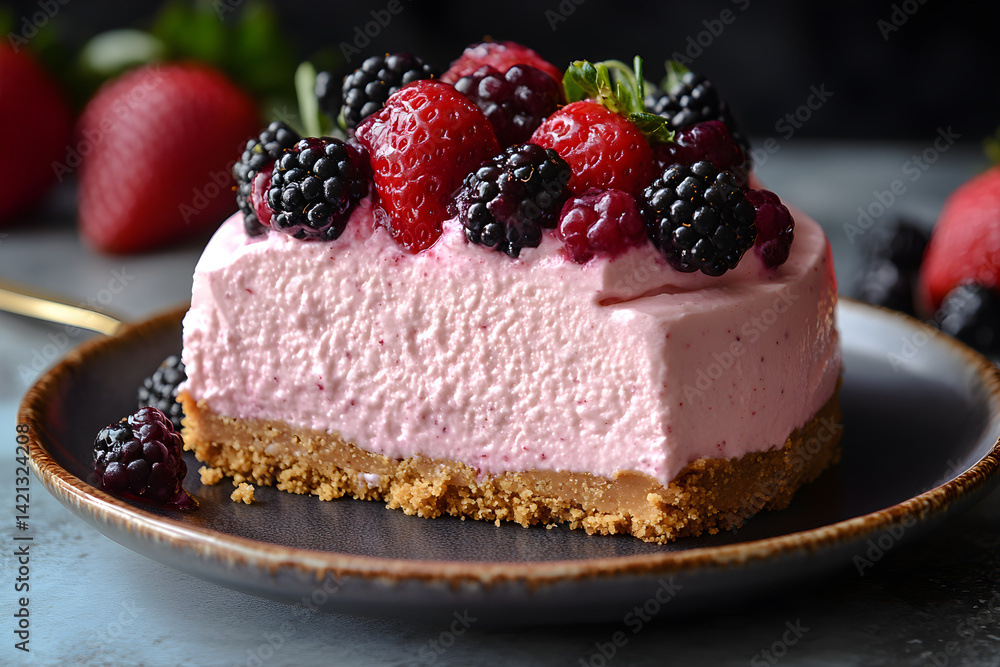 Creamy strawberry cheesecake with a graham cracker crust and fresh berry topping Creamy strawberry cheesecake with a graham cracker crust and fresh berry topping