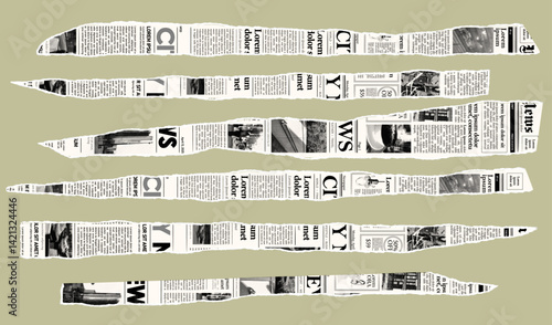 Trendy torn newspaper pieces. Collage halftone elements. Jagged edges. Old paper clipping set. Vintage grunge style concept. Isolated background. Trendy design template. Vector illustration