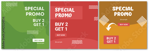 Eye-catching Sale Promotion Graphics with Buy 2 Get 1 Deal in Various Colors