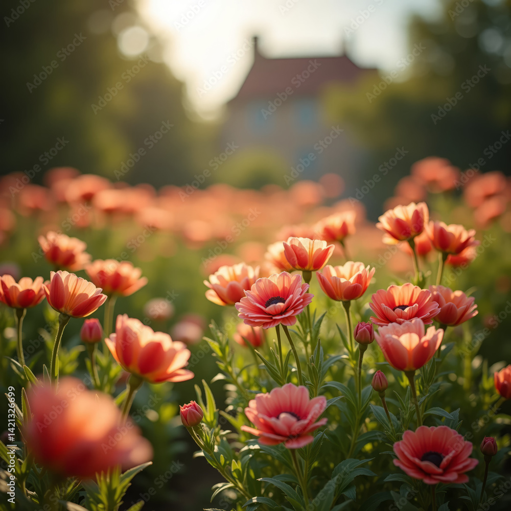 Fototapeta premium Jardin de fleurs rose foncé dans un champ au crépuscule, ambiance poétique et calme