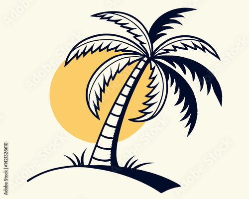 Stylized Palm Tree with Sun Tropical Beach Illustration Graphic