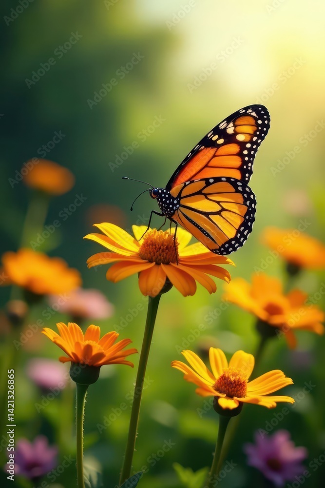 Vibrant monarch butterfly on wildflowers, sunny meadow, butterfly, summer, detail Vibrant monarch butterfly on wildflowers, sunny meadow, butterfly, summer, detail