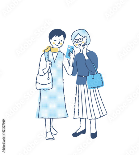 笑顔で一緒にスマホを見ている中年女性2人