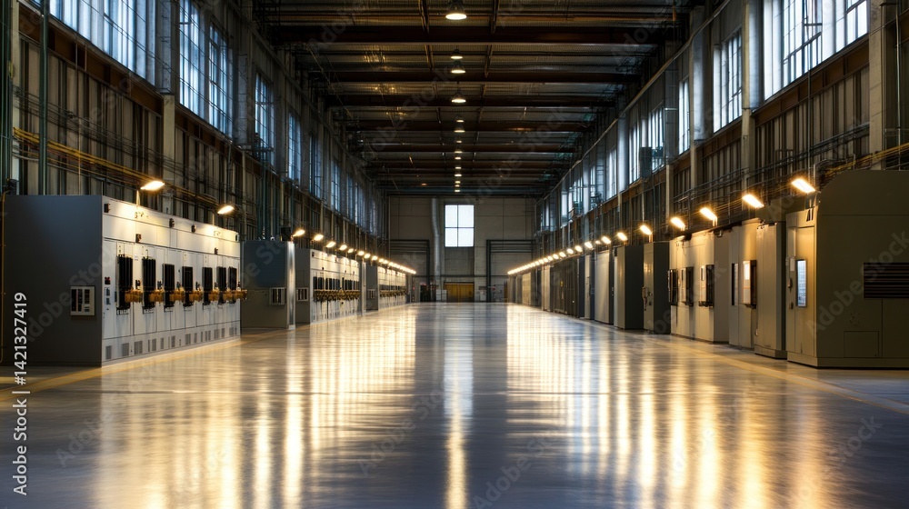 Industrial interior, spacious warehouse