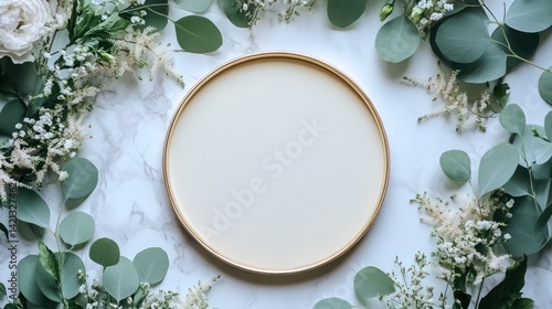 Round frame, floral, marble background