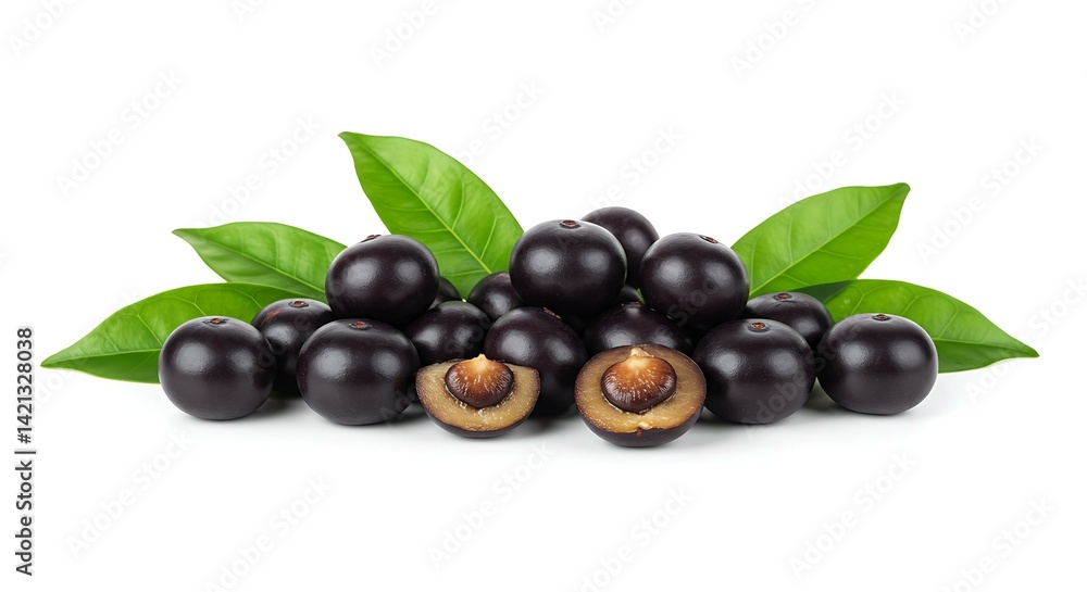 Ripe acai berries and leaves white background. Brazilian food Ripe acai berries and leaves white background. Brazilian food