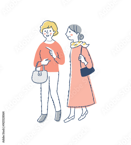 笑顔で一緒に歩くシニア女性2人