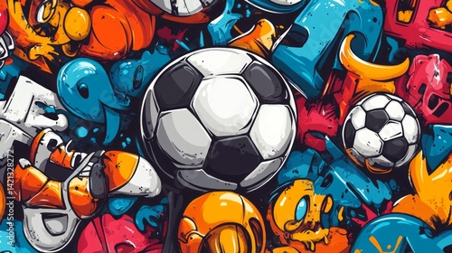 Vivid colorful graffiti art featuring soccer balls and objects