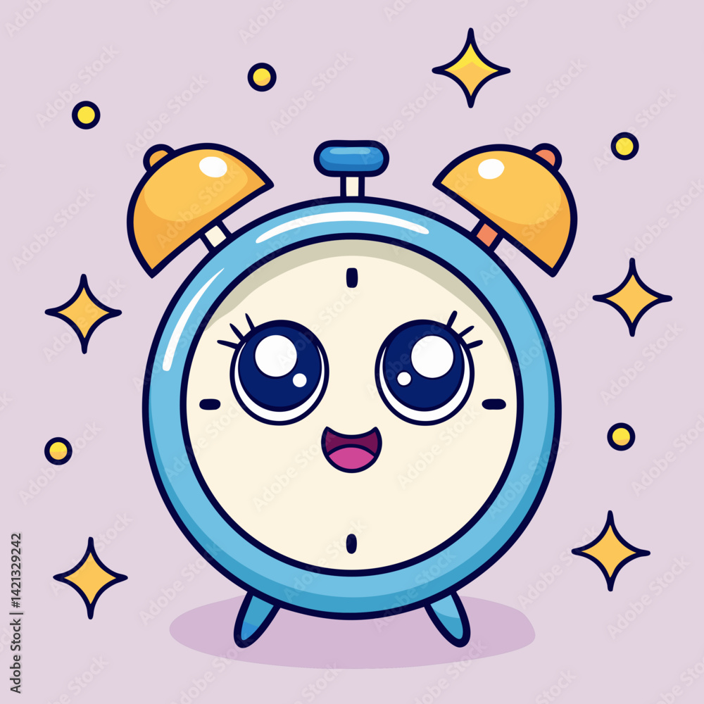 Obraz premium Cute Alarm Clock with Dreamy Eyes and Floating Stars Around