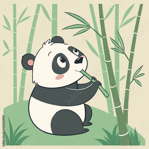 Adorable vector illustration of a cute panda happily munching on bamboo, perfect for prints, kids' products, and wildlife-themed designs.