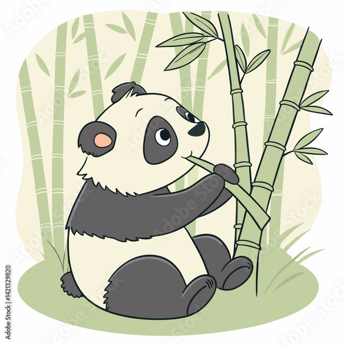Adorable vector illustration of a cute panda happily munching on bamboo, perfect for prints, kids' products, and wildlife-themed designs.