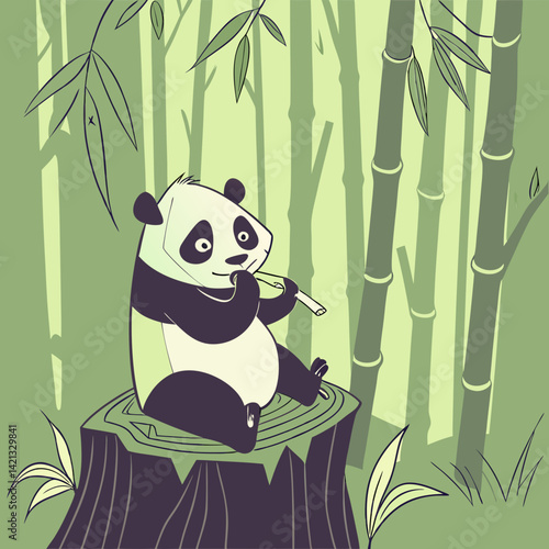 Adorable vector illustration of a cute panda happily munching on bamboo, perfect for prints, kids' products, and wildlife-themed designs.