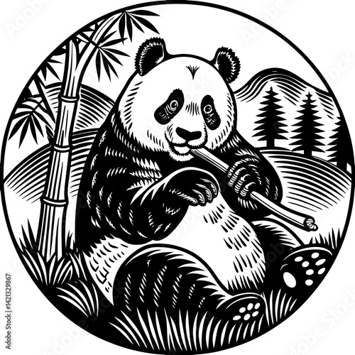 Adorable vector illustration of a cute panda happily munching on bamboo, perfect for prints, kids' products, and wildlife-themed designs.