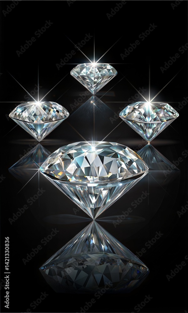 An artistic composition of multiple diamonds against a black background. (Diamond) An artistic composition of multiple diamonds against a black background. (Diamond)