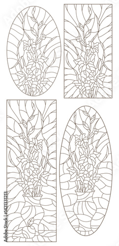 Set of contour illustrations in stained glass style with floral still lifes, dark contours on a white background