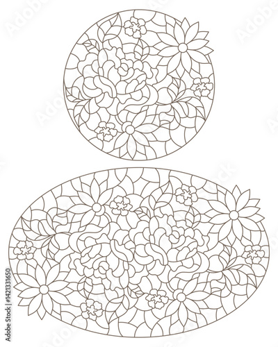 Set of contour illustrations in the style of stained glass with floral arrangements, isolated on a white background
