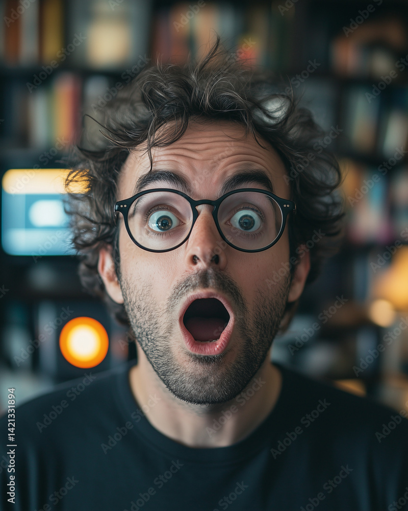 Portrait of a nerdy man with glasses and messy hair, mouth wide open in shock and surprise. Indoors in a cozy room with bookshelves and vintage computer monitors. Portrait of a nerdy man with glasses and messy hair, mouth wide open in shock and surprise. Indoors in a cozy room with bookshelves and vintage computer monitors.