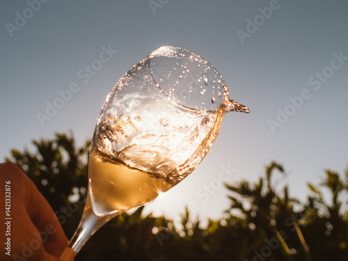 Glass of golden wine splashes in hand against the sunset sky. The sunlight enhances the sparkling bubbles, creating a refreshing and dynamic scene