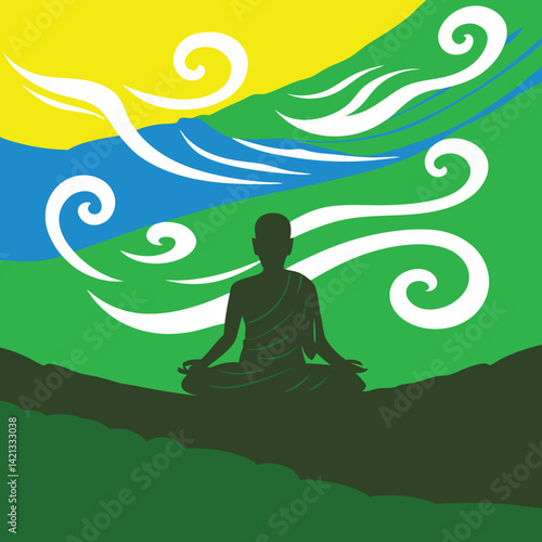  Air Nomad meditating mid-air with swirling wind patterns in a minimalist vector style, symbolizing peace and tranquility.