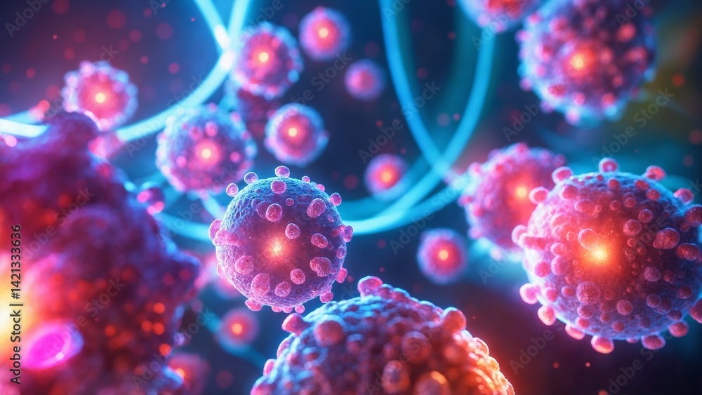 Abstract Close-Up with Colorful Illuminated Particles Vibrant Vaccine Cells Abstract Close-Up with Colorful Illuminated Particles Vibrant Vaccine Cells