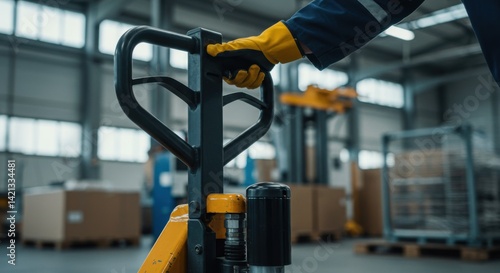 Close-up of Pallet Truck Handle and Hydraulic Pump in Factory