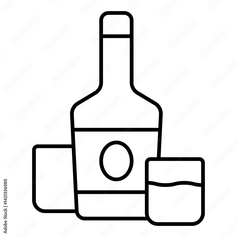 Whiskey bottle and two shot glasses thin line icon, west desert concept. Vector graphics. Alcohol drink sign on white background, linear style for mobile or design. Whiskey bottle and two shot glasses thin line icon, west desert concept. Vector graphics. Alcohol drink sign on white background, linear style for mobile or design.