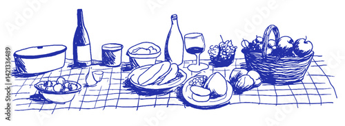 An outdoor dining table is set with an array of Mediterranean dishes, wine, and fruits. The chalk and crayon doodle captures the inviting atmosphere with a coquette flair.