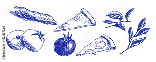 Artistic expressions featuring whimsical Mediterranean elements in a linear chalk doodle style capturing fresh ingredients and pizza