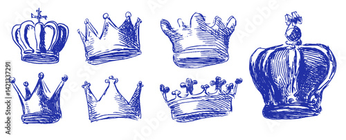 Whimsical doodles of crowns in blue crayon showcasing various Mediterranean-inspired designs and playful elements