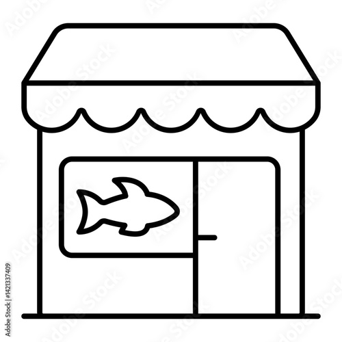 Fish store thin line icon, fishery product sale concept. Vector graphics. Shop house with fish sign on white background, linear style for mobile or design.