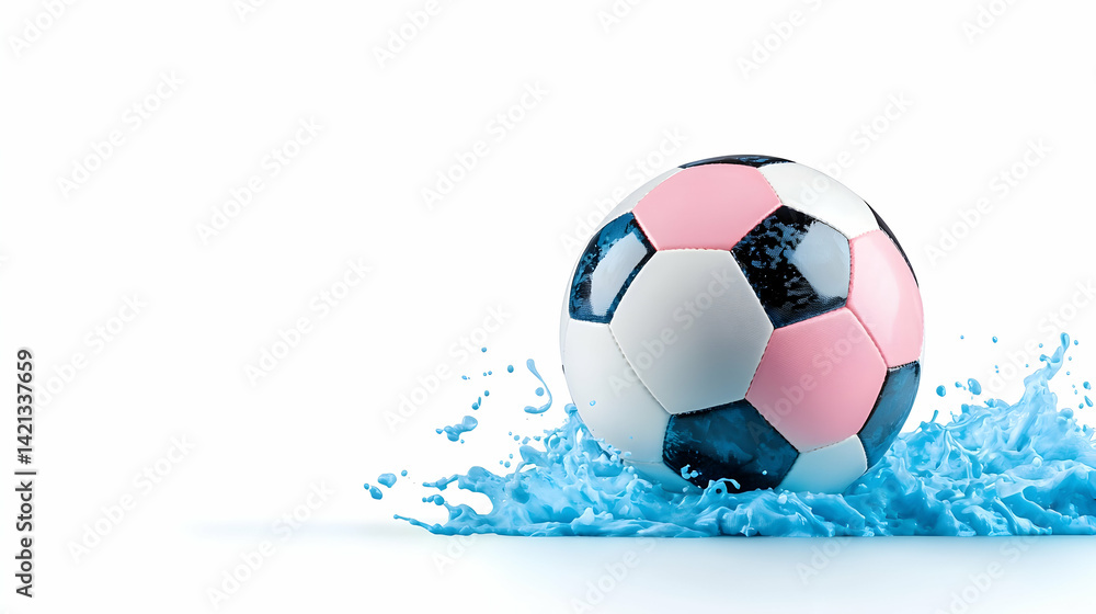 Naklejka premium Pink and White Soccer Ball Splashing in Blue Water