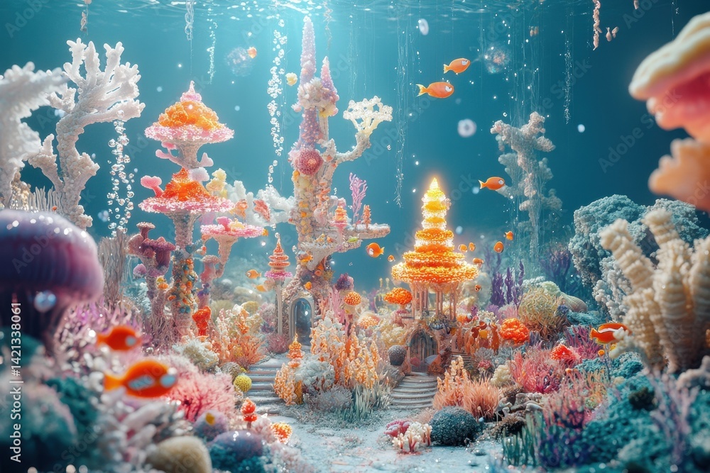 Colorful underwater coral reef filled with vibrant marine life and structures