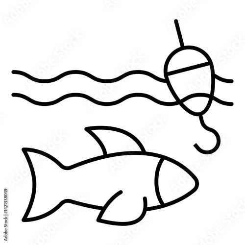 Underwater fish with fishhook and bobber thin line icon, fishing concept. Vector graphics. Fishing sign on white background, linear style for mobile or design.