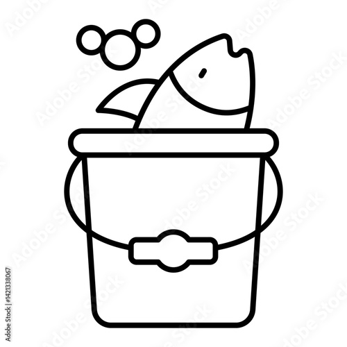 Fish in water bucket thin line icon, fishing, fishery concept. Vector graphics. Bucket of fish sign on white background, linear style for mobile or design.