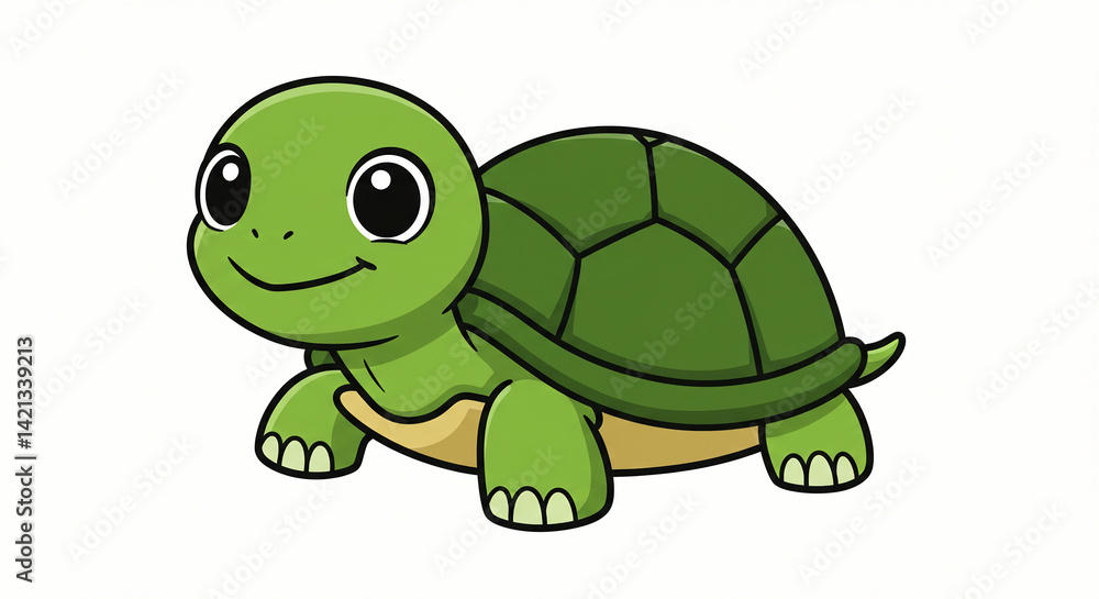 Fototapeta premium Cartoon Green Turtle Smiling on White Background