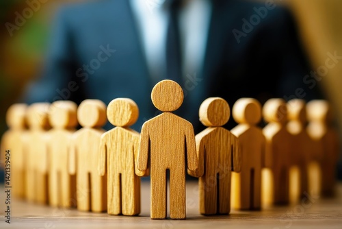 Group of Wooden Figures Representing Teamwork, Leadership and Unity in a Business Environment with a Blurred Professional Appearance in Background