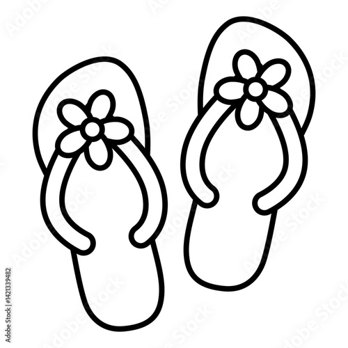 Flip flops with flowers thin line icon, summertime concept. Vector graphics. Beach shoes, footwear sign on white background, linear style for mobile or design.