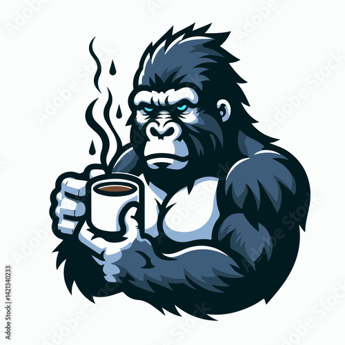 Gorilla's Morning Brew: A strong gorilla, depicted with detailed illustration, savors the rich aroma of freshly brewed coffee. The ape's posture and gaze reflects a moment of focused relaxation.