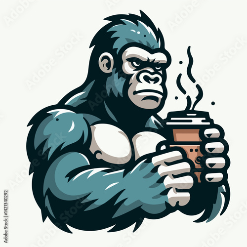 Gorilla with Coffee Cup: A strong gorilla enjoys a moment of peace, holding a steaming coffee cup, creating an image of strength and relaxation.