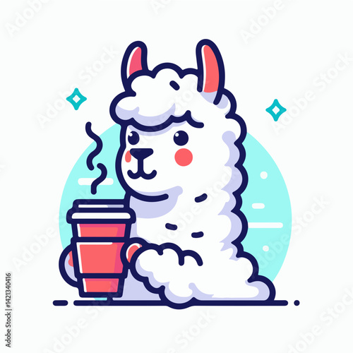 Cozy Llama with Coffee: A cute and adorable llama enjoys a warm cup of coffee, perfect for a quirky and whimsical illustration design.